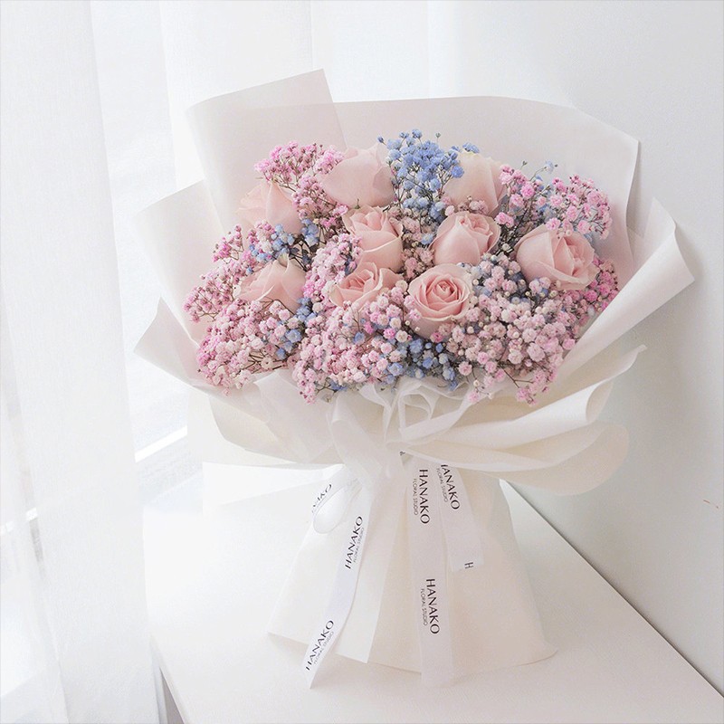 天津唯美的你-9朵粉玫瑰鲜花粉蓝满天星混搭花束
