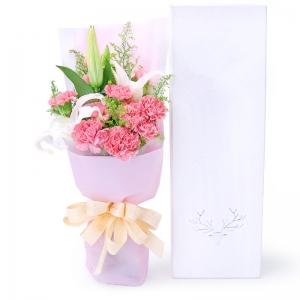 天津衷心祝福-11枝粉色康乃馨，1枝多头白百合，搭配适量黄莺草