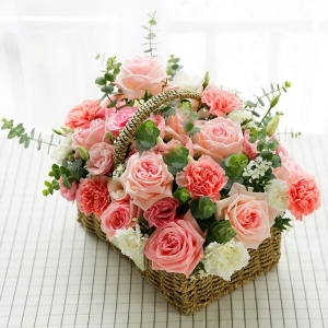 天津体贴入微-9朵粉佳人，5朵白康乃馨，6朵粉康乃馨，2朵白玫瑰、2枝粉桔梗，尤加利、白色相思梅间插点缀包