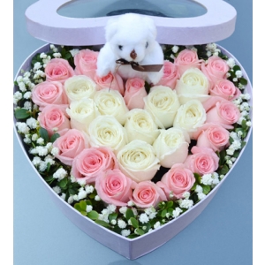 天津心心相印（花盒）-29枝玫瑰组成双心形精致花盒：中间10枝白玫瑰组成心形，黛安娜粉玫瑰19枝围绕一圈，5寸小熊1只。绿叶围绕