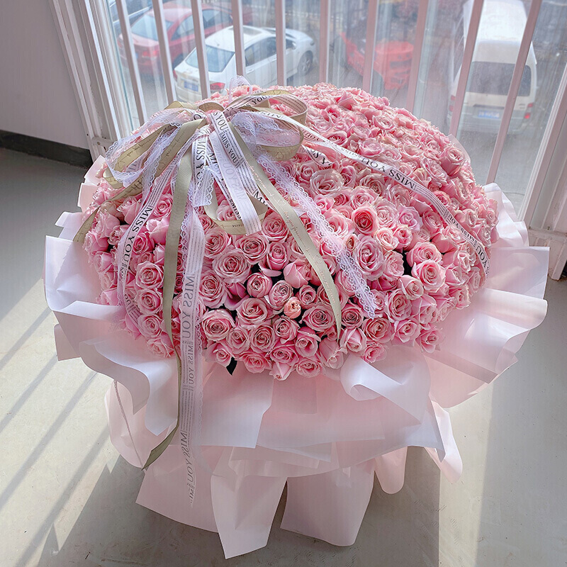 天津甜蜜告白-精选520朵优质粉玫瑰，花球造型，鲜花表面用绿色白色缎带花结装饰