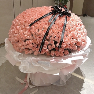天津今生有你-精选999朵优质粉玫瑰，花球造型，表面黑色缎带蝴蝶结