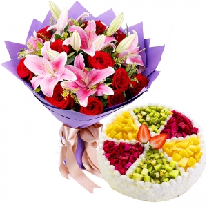 天津生日祝福 -11朵红玫瑰，3支多头粉百合 + 8寸圆形水果蛋糕