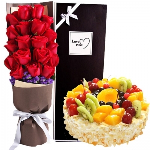 天津快乐的一天-19朵红玫瑰礼盒+ 8寸水果蛋糕