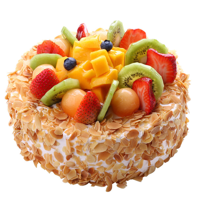 天津生日赞歌- 圆形欧式蛋糕，各式新鲜时令水果铺面，杏仁片围边