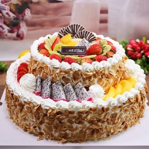 天津热情水果-双层水果鲜奶蛋糕，表层时令水果装饰。