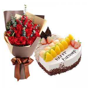 鞍山市梦想-19朵红玫瑰+ 8寸心形水果蛋糕