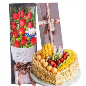 鞍山市心的祝福-11朵红玫瑰，1只小熊礼盒+8寸水果蛋糕