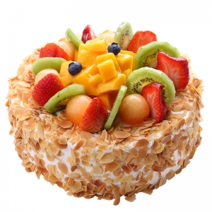 鞍山市生日赞歌- 圆形欧式蛋糕，各式新鲜时令水果铺面，杏仁片围边